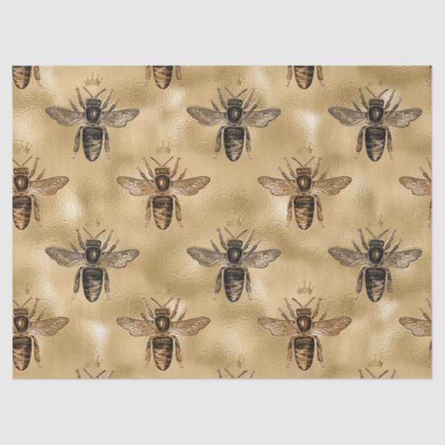 Black Queen Bees on Gold Decoupage Tissue Paper (Front)