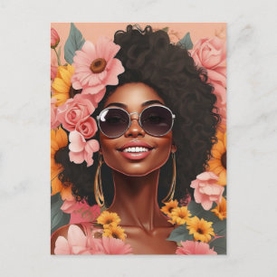 Black queen floral afro melanin woman flower love holiday postcard