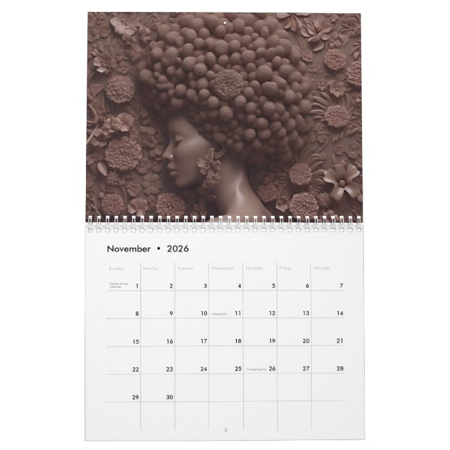 Black queen melanin sista flower curly afro women  calendar (Nov 2026)