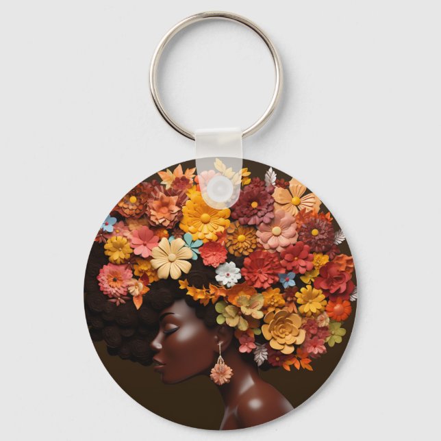 Black Queen Melanin Women 3D Floral Flower Afro  Key Ring (Front)