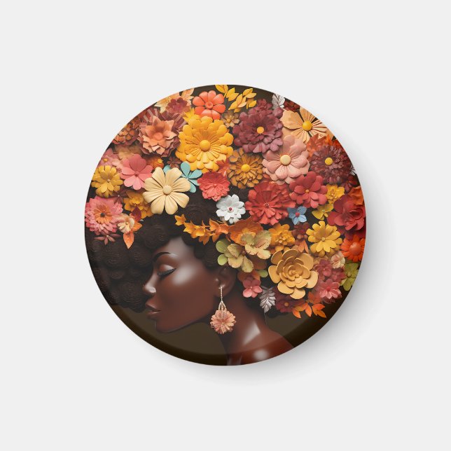 Black Queen Melanin Women 3D Floral Flower Afro  Magnet (Front)