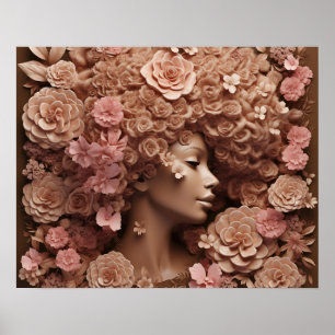 Black Queen Melanin Women 3D Floral Flower Afro  Poster