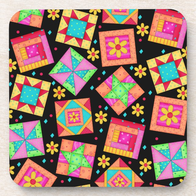 Black Quilt Block Art Cork Coaster (Front)