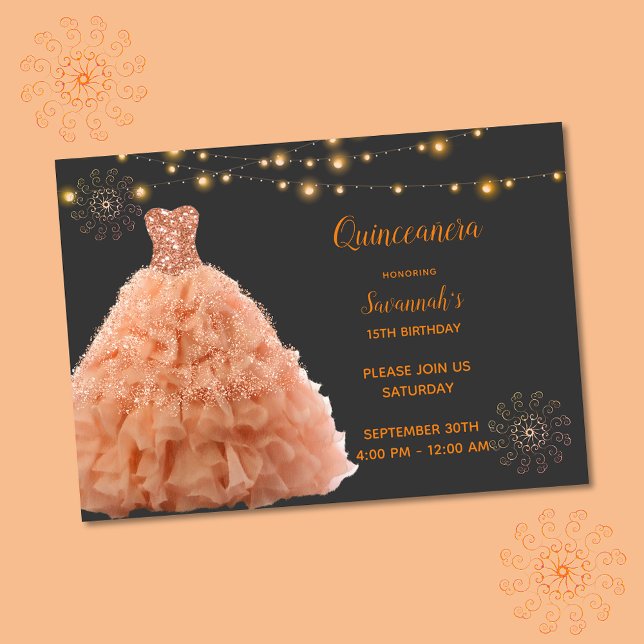 Black Quinceanera Peach Gown Lights Invitation (Creator Uploaded)