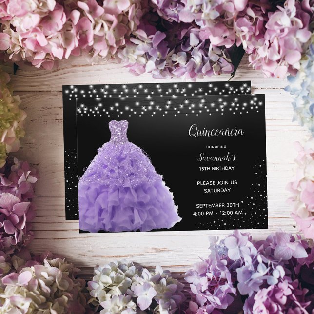Black Quinceanera Princess Lt Purple Gown Lights Invitation (Creator Uploaded)