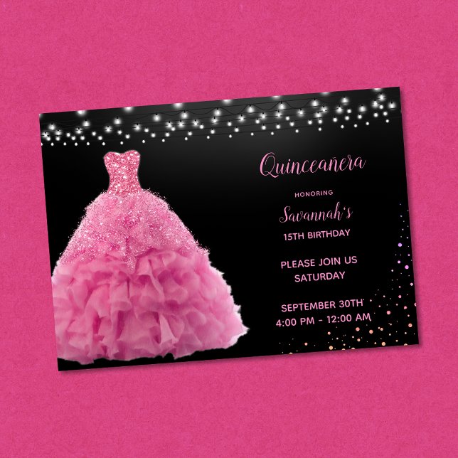 Black Quinceanera Princess Pink Gown Lights Invitation (Creator Uploaded)