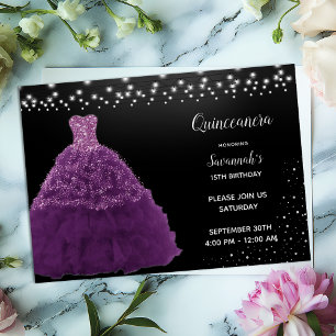 Black Quinceanera Princess Purple Gown Lights Invitation