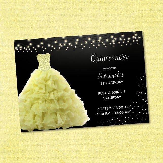 Black Quinceanera Princess Yellow Gown Lights Invitation (Creator Uploaded)