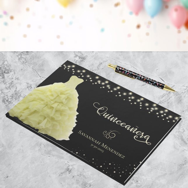 Black Quinceanera Yellow Gown Lights Photo Guest Book (Creator Uploaded)