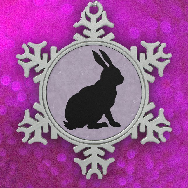 Black Rabbit Silhouette Easter Bunny Snowflake Pewter Christmas Ornament (Sitting rabbit in black silhouette on marbled purple on snowflake shaped hanging ornament.)
