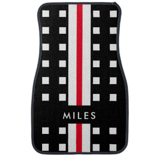 Black Racing Stripe Checkered Personalised Car Mat
