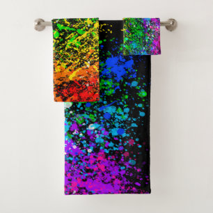 Black Rainbow Colour Paint Splatter Colourful Bath Towel Set