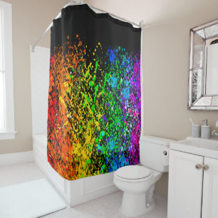 Black Rainbow Colour Paint Splatter Colourful Shower Curtain