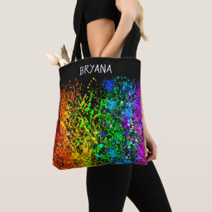 Black Rainbow Colour Paint Splatter Colourful Tote Bag