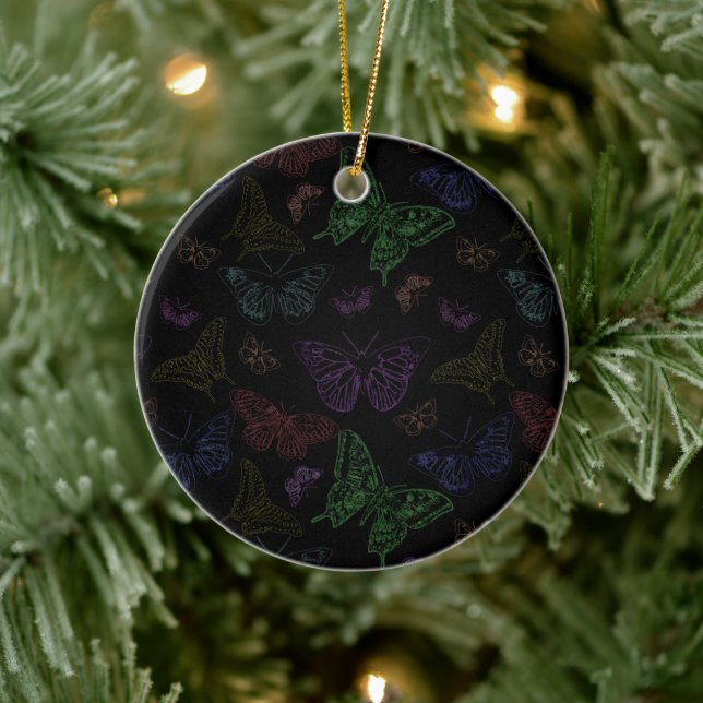 Black & Rainbow Coloured Butterflies Flying Ceramic Ornament (Tree)