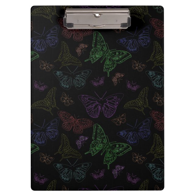 Black & Rainbow Coloured Butterflies Flying Clipboard (Front)