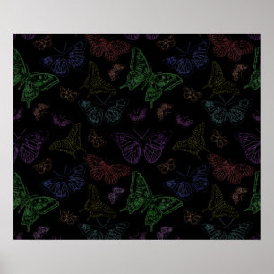 Black & Rainbow Coloured Butterflies Flying Poster