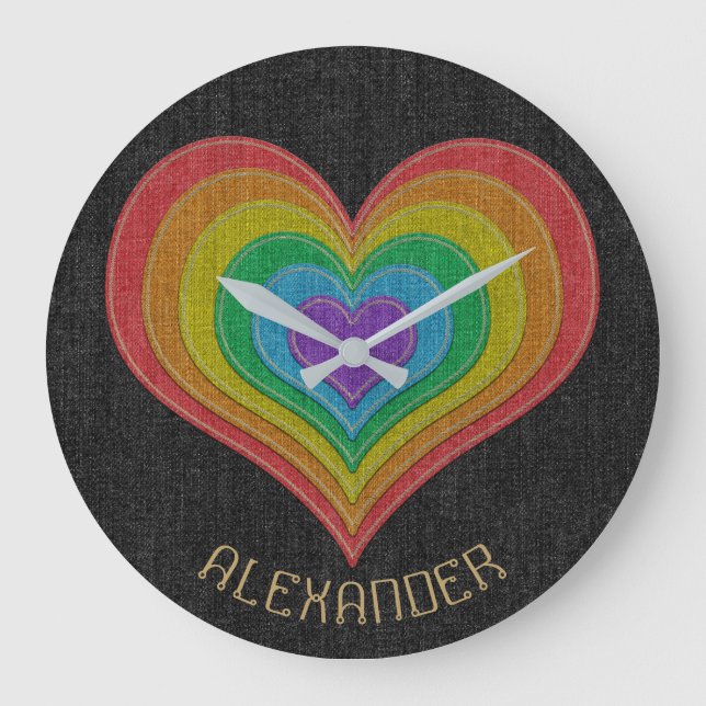 Black Rainbow Denim Jeans 6 Hearts Name Customised Large Clock (Front)