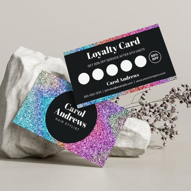 Black & Rainbow Glitter Glam Hair Stylist Loyalty Card (Creator Uploaded)
