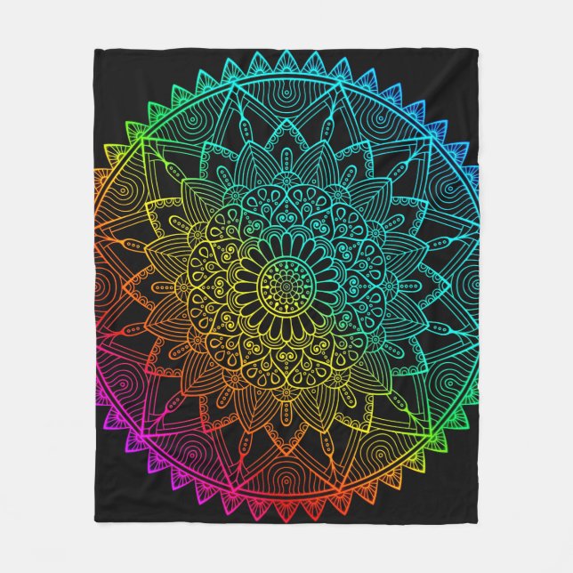 Black Rainbow Mandala Poster Fleece Blanket (Front)