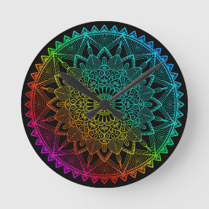 Black Rainbow Mandala Round Clock
