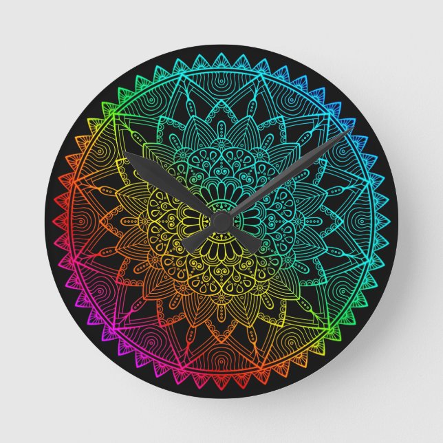 Black Rainbow Mandala Round Clock (Front)