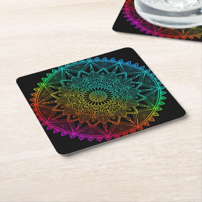 Black Rainbow Mandala Square Paper Coaster (Angled)