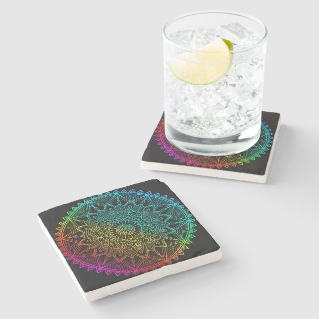 Black Rainbow Mandala Stone Coaster (Side)
