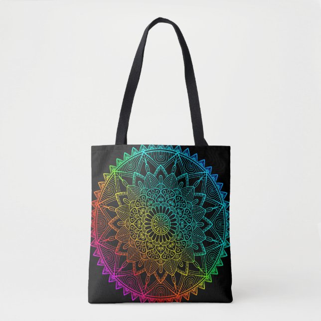 Black Rainbow Mandala Tote Bag (Front)