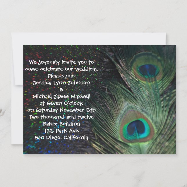 Black Rainbow Peacock Wedding Invitation (Front)