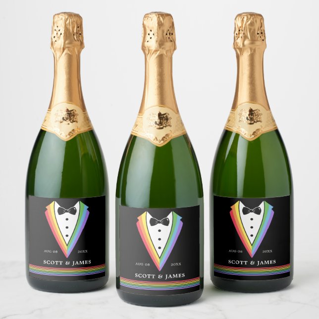 Black Rainbow Personalised Groomsmen Gay Pride  Sparkling Wine Label (Bottles)