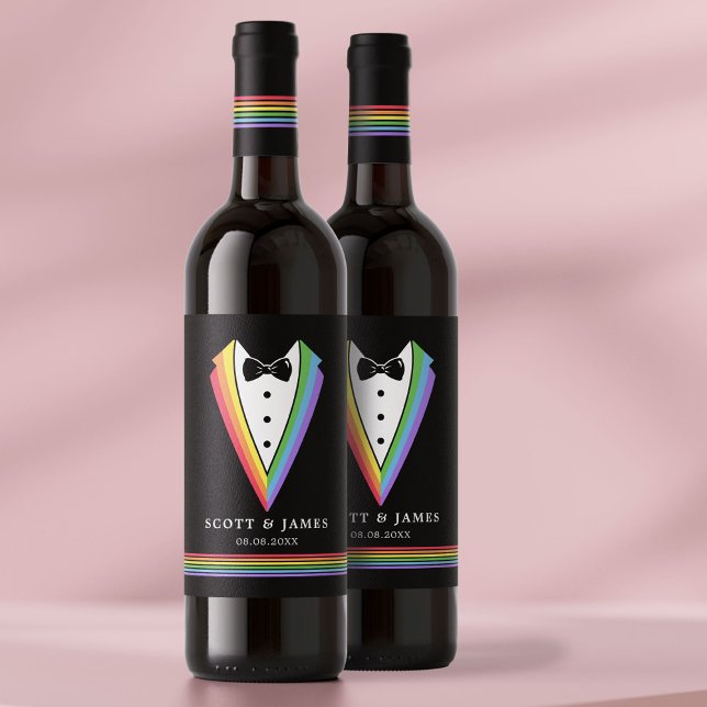 Black Rainbow Personalised Groomsmen Gay Pride  Wine Label (Creator Uploaded)