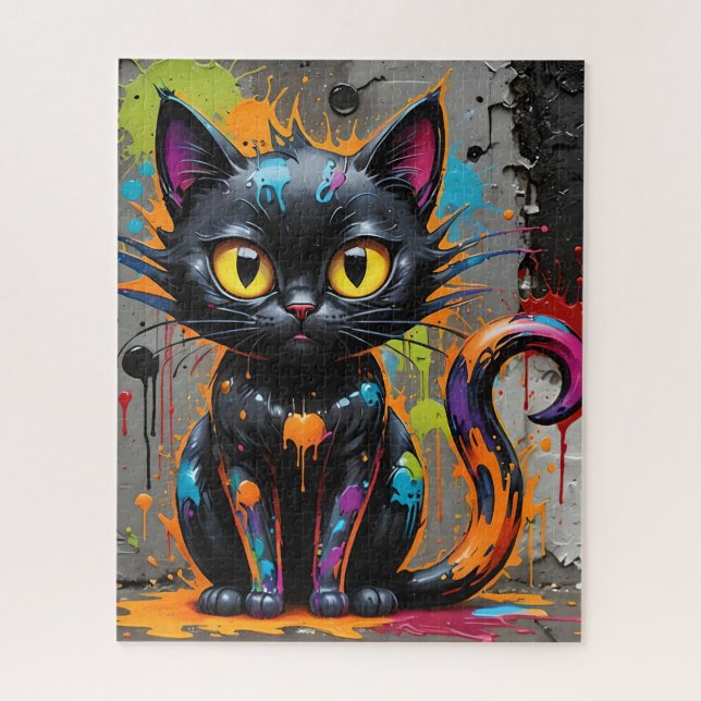 Black Rainbow Splatter Cat Jigsaw Puzzle (Vertical)