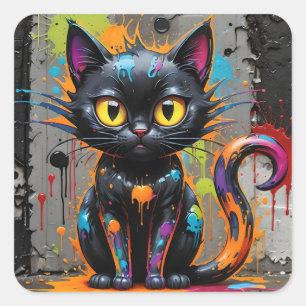 Black Rainbow Splatter Cat Square Sticker
