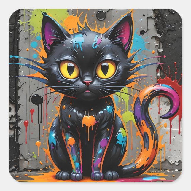 Black Rainbow Splatter Cat Square Sticker (Front)