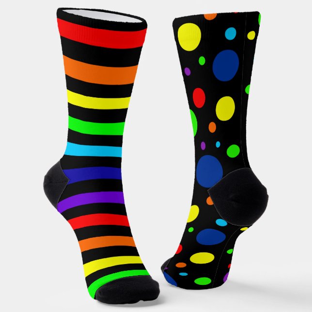 Black Rainbow Spots/Stripes Crew Socks (Angled)