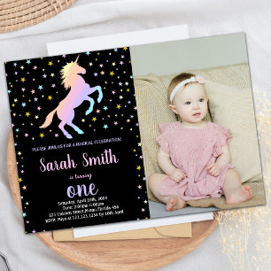 Black Rainbow Unicorn Birthday Invitations w photo