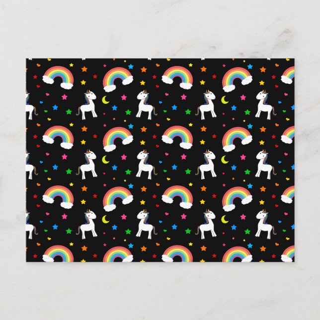 Black rainbow unicorn hearts stars pattern postcard (Front)
