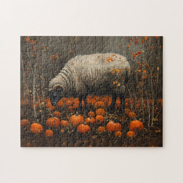 Black Ram Autumn Pumpkin Patch Decoupage Jigsaw Puzzle (Horizontal)