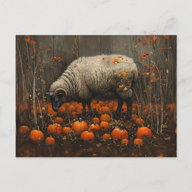 Black Ram Autumn Pumpkin Patch Decoupage Postcard (Front)