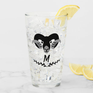 Black Ram with Twisted Horns Silhouette Monogram Glass