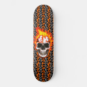 Black Random Skulls Orange Stripes Flaming Skull Skateboard