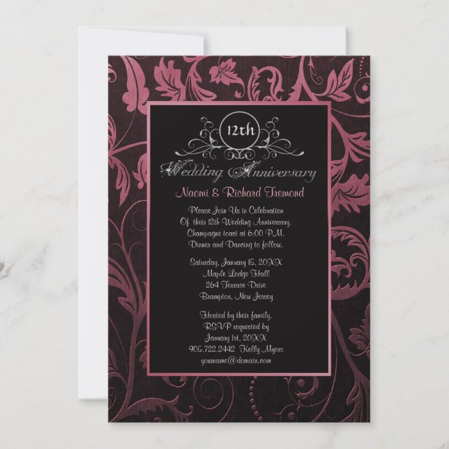 Black & Raspberry Damask 12th Wedding Anniversary Invitation (Front)