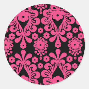 black raspberry red pink mod damask classic round sticker
