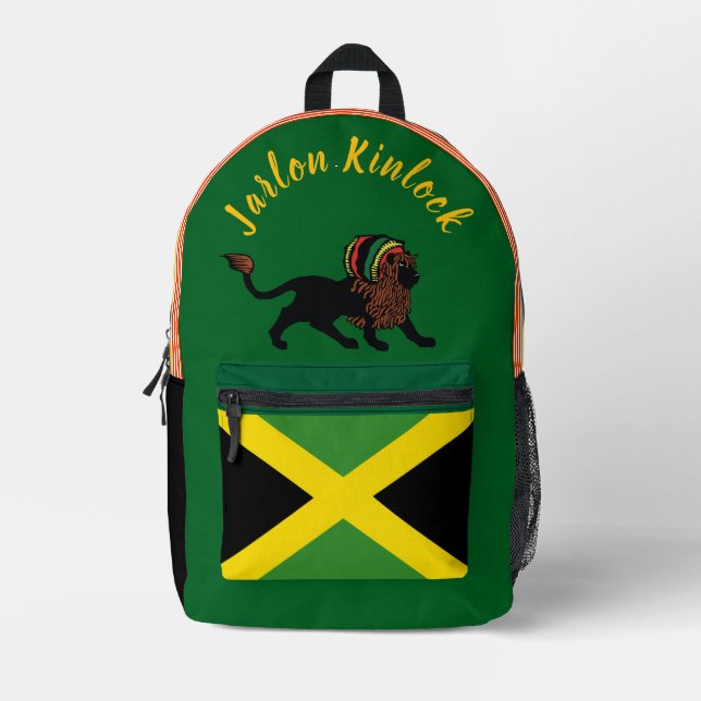 Black Rasta Lion Jamaican Flag Design Printed Backpack (Front)