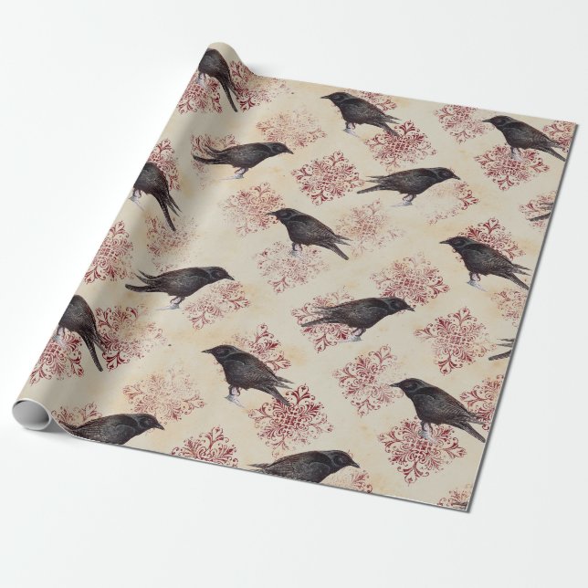 Black Raven and Burgundy Damask Wrapping Paper (Unrolled)