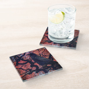 Black Raven and Gnarly Japanese Maple Glass Coaster