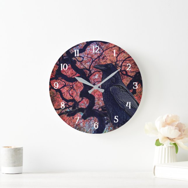 Black Raven and Gnarly Japanese Maple Large Clock (Home)