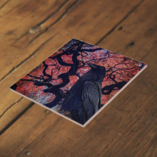 Black Raven and Gnarly Japanese Maple Tree Ceramic Tile