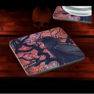 Black Raven and Gnarly Japanese Maple Tree Coaster